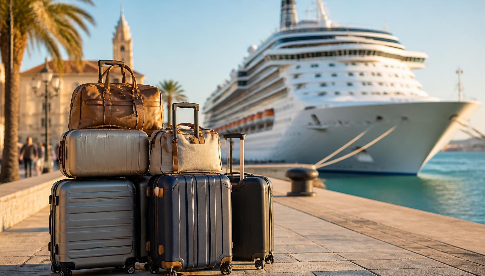 Maletas apiladas en el paseo marítimo del puerto de cruceros de Civitavecchia