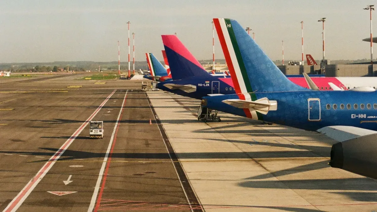 ITA Airways aircraft lined up at Rome Fiumicino Airport